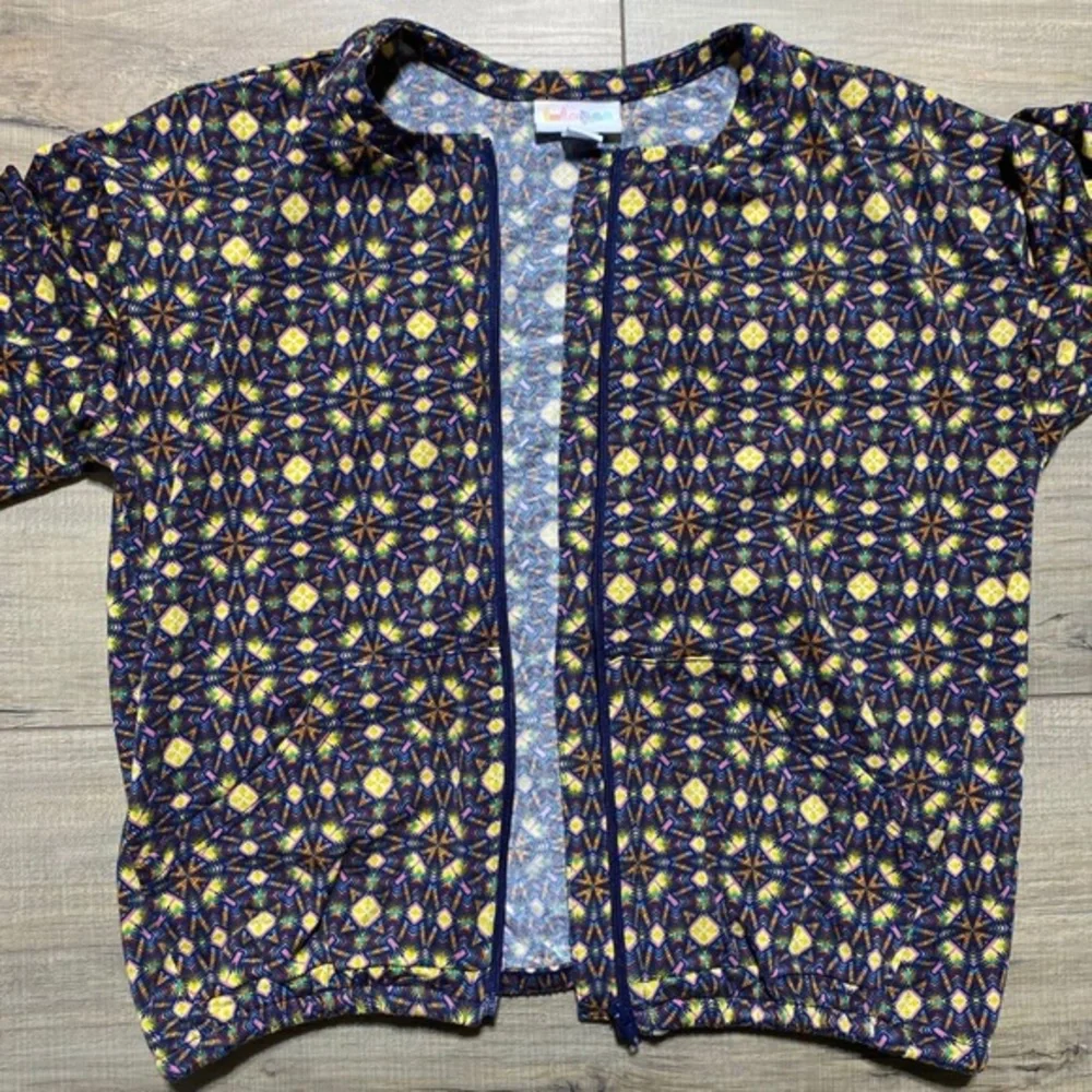 LuLaRoe Girls Monroe Jacket Zip Up Pockets Elastic Waist Size 12‎ Purple Yellow